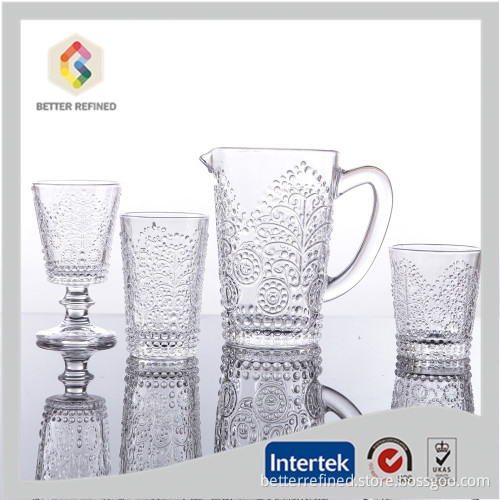 Flower Embossing Glass Water Pitcher With Tumbler